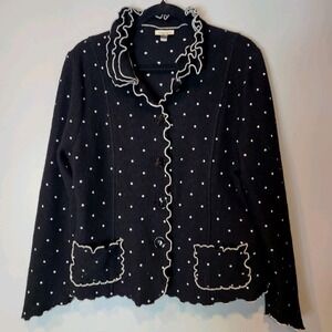 Venario Vtg Wool Womens Scalloped Polka Dot Cardi Sweater Large Old Money Preppy
